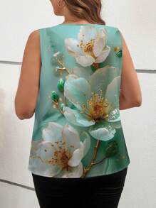 SHEIN Clasi 女式加大码花卉印花V领无袖衬衫 - 綠色 - 查看 2