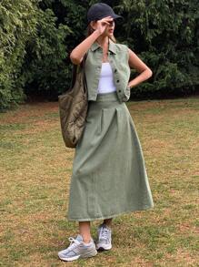 Livesso 2pcs Women Solid Fitted Sleeveless Jacket Vest & Skirt Denim Set,Fall Clothes - Army Green - View 3