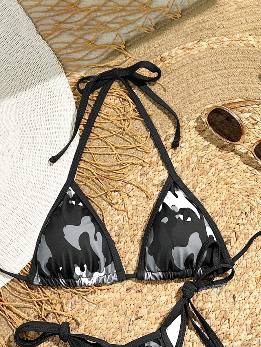 SHEIN Swim Women's Halter Neck Camouflage Print Bikini Top For Summer - Black - View 1