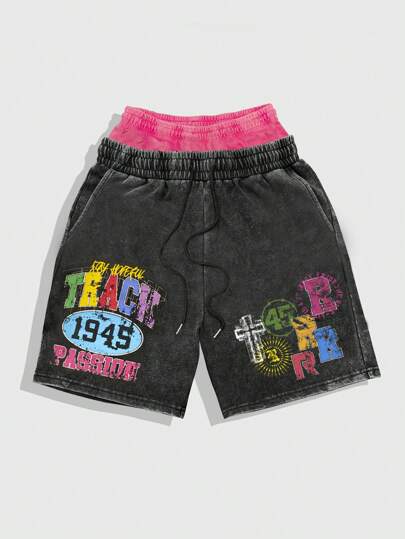 Prep Pantalones cortos casuales lavados para hombre con cintura de contraste y gráfico de letras, para verano