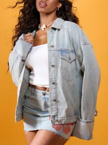 MISSGUIDED 超大卡车司机牛仔夹克复古风翻边袖子四季街头风格街头服饰休闲外套 Y2K 时尚破洞毛边 - 淺色水洗藍 - 查看 4