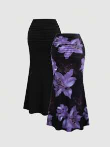 SHEIN Unity Bộ 2 váy đuôi cá màu trơn và chân váy in hoa dự tiệc thanh lịch cho nữ - Màu tím - Xem 2