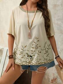 EMERY ROSE Áo thun nữ cổ tròn thêu mùa hè, áo cánh đi làm thường ngày ở nông thôn - Nhiều màu - Xem 4