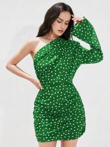 SHEIN Privé 法式经典圆点垫肩不对称褶饰下摆短款连衣裙，春季女士 - 綠色 - 查看 3