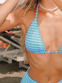 Swim Mod 2 件套女士粉色格子三角吊带性感比基尼泳装（含三角裤），海滩、海岛、度假、休闲泳装，可爱清新 - 藍色 - 查看 3