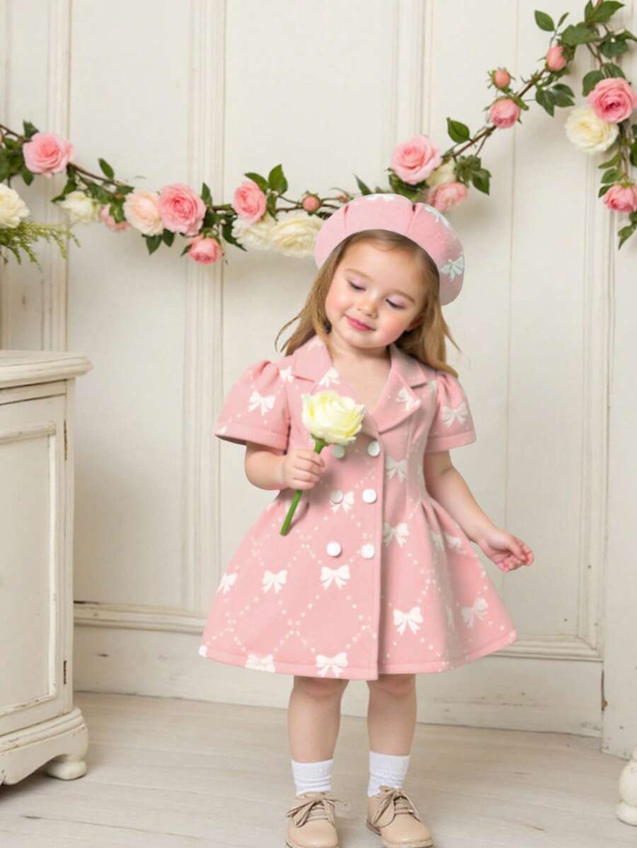 Elladie kids 女婴梦幻蓝色蝴蝶结纹理优雅经典连衣裙,配贝雷帽 - 粉色 - 查看 1