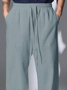 SUMWON 亚麻外观夏季直筒裤宽松抽绳轻便度假旅行家居服休闲裤全天舒适 - 霧霾藍 - 查看 6