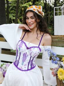 SHEIN Áo hai dây ren hoa thêu thanh lịch - Màu tím - Xem 4