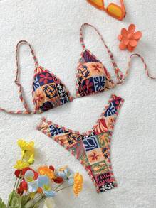 Soleia Apricot Knit Metal Buckle Floral Decor 2pcs Beachwear Bikini Set For Women