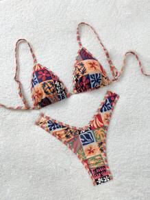 Soleia Apricot Knit Metal Buckle Floral Decor 2pcs Beachwear Bikini Set For Women