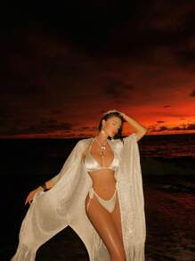 Swim SXY New Solid Color Sequin Tassel Wide Sleeve Cardigan, Women Vacation Kimono Cover Up For Swimwear, Summer Festival Boho - Apricot - View 1