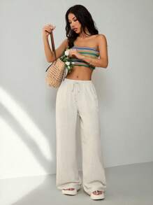 SHEIN PETITE 休闲百搭纯色直筒裤 - 米色 - 查看 1