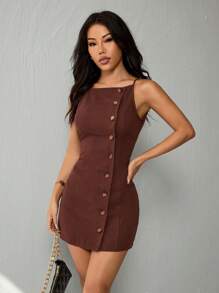 SHEIN PETITE Vestido mini de verano casual para mujer con botones delanteros y tirantes de unicolor - Marrón - Ver 5