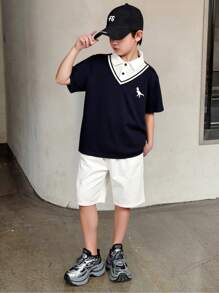 SHEIN Leap Crew 2 件青少年男孩休闲街头时尚可爱日常舒适白色宽松圆领 T 恤和宽松短裤套装，适合旅行、学校、日常聚会、春夏季 - 白色 - 查看 1