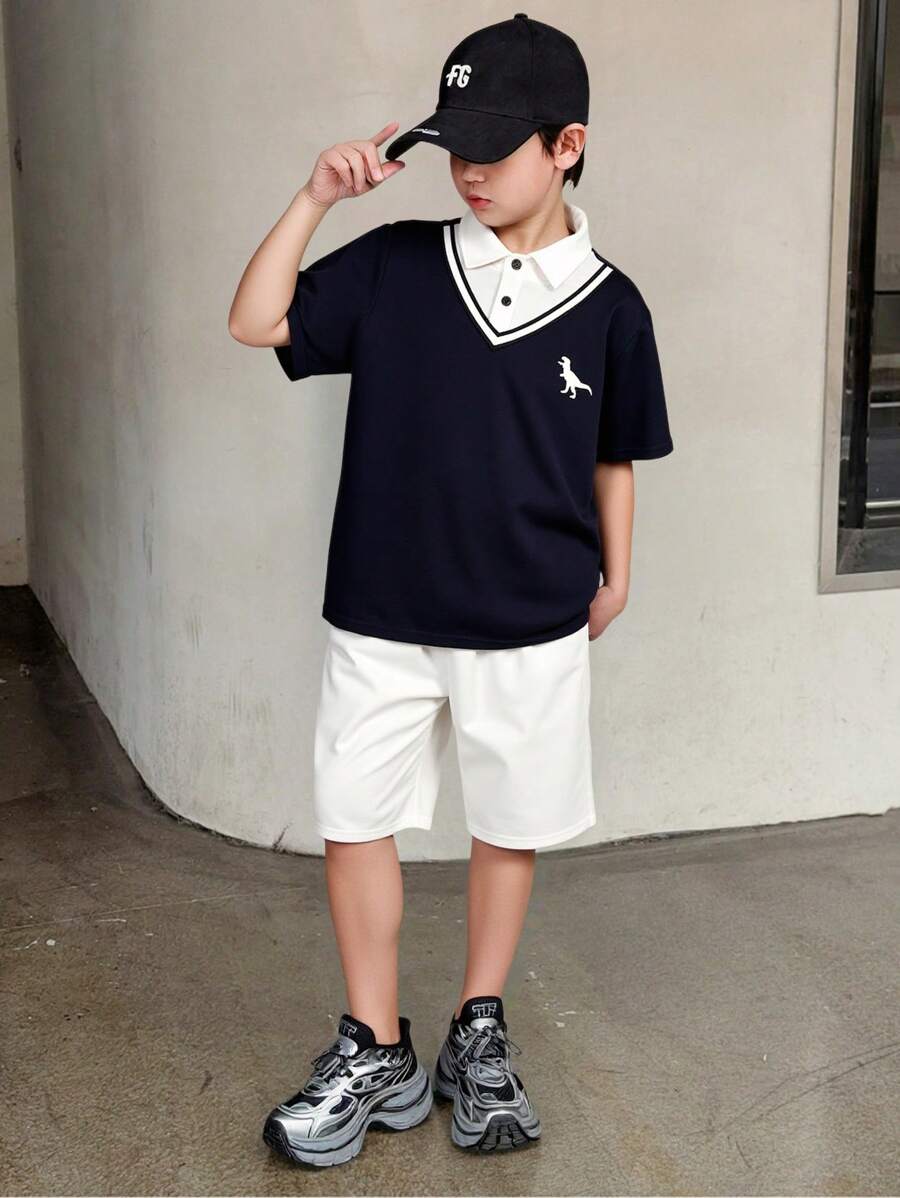 SHEIN Leap Crew 2 件青少年男孩休闲街头时尚可爱日常舒适白色宽松圆领 T 恤和宽松短裤套装,适合旅行、学校、日常聚会、春夏季 - 白色 - 查看 1