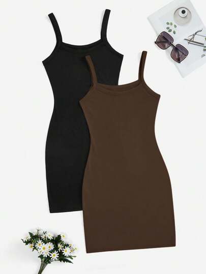 SHEIN Privé 2pcs/Set Women Solid Color Casual Body-Con Spaghetti Strap Off-Shoulder Summer Dress, Suitable For Commuting, Outdoor Activities, Shopping