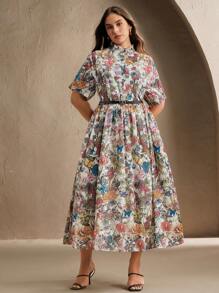 Anewsta 大码女式花卉印花短袖口袋休闲衬衫裙 - 彩色 - 查看 4