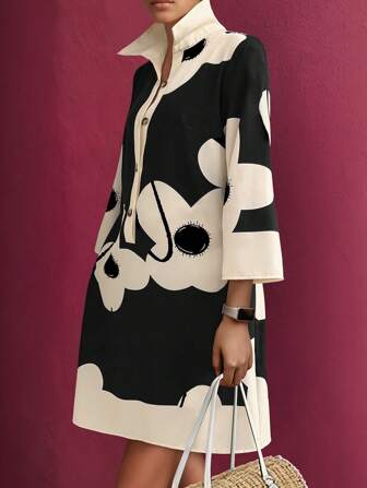 EMERY ROSE Plus Size Women's Vacation Floral Print Button Down Half-Placket 3/4 Sleeve Casual Midi Dress