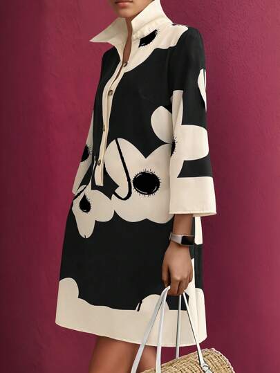 EMERY ROSE Sukienka damska w dużym rozmiarze, w kwiaty, z nadrukiem, zapinana na guziki, z pół-plisą, z 3/4 rękawami, na co dzień, midi