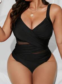 Swim SXY 大码女式交叉双色网眼拼布修身连体泳衣，夏季海滩度假 - 黑色 - 查看 5