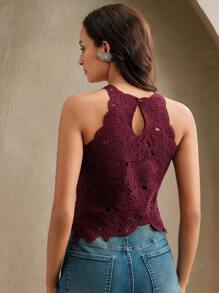 Anewsta 性感优雅不对称下摆钩针吊带背心，情人节适用，女士沙滩度假装，夏季，春季，海滩，度假装 - 酒紅色 - 查看 2