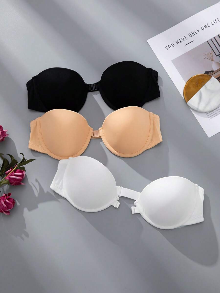 3件套简约无肩带性感女士前开扣文胸套装 - 彩色 - 查看 1