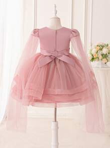 SHEIN Short Sleeve Young Girls Tulle Lace Applique Bow Decor Dress With Cap Sleeve, Cute Outfit For Piano Recital, Runway, Birthday Party, Wedding Season - Dusty Pink - View 2