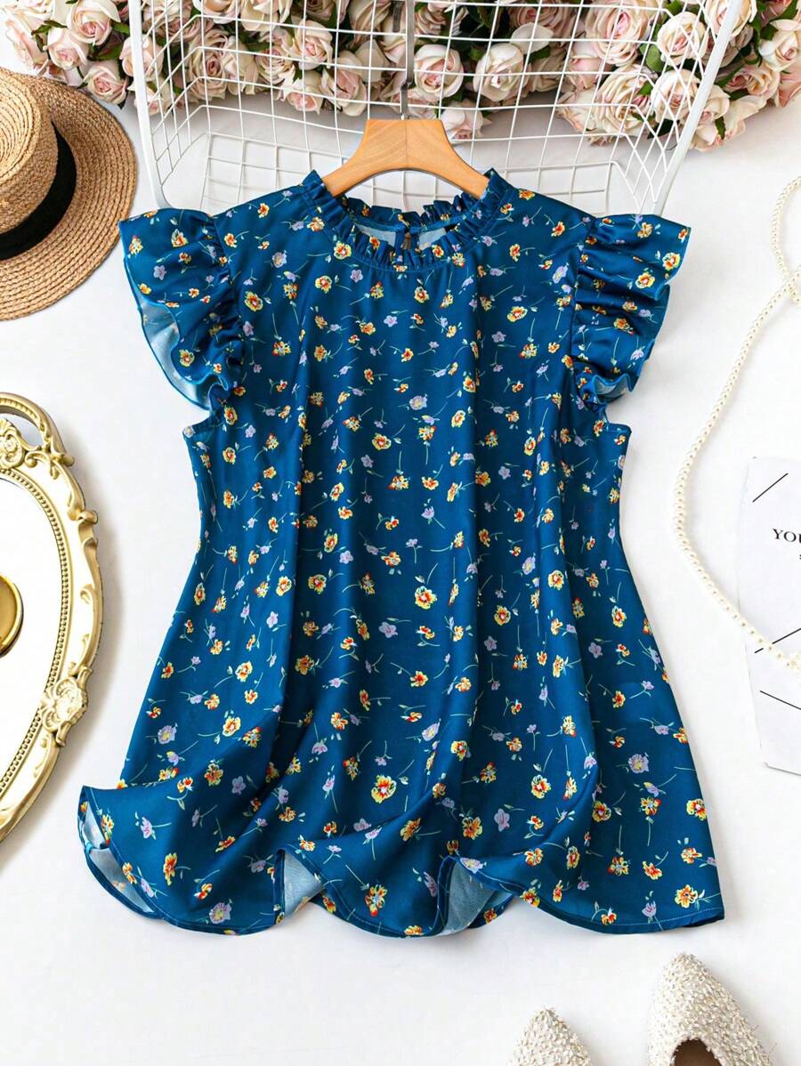 SHEIN Franclia Women's Sweet Elegant Ruffle Collar Cap Sleeve Ditsy Floral Loose Blouse, Suitable For Vacation And Daily Matching - Blue - View 1