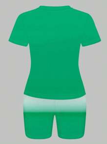 Maweii Plus Size Fashion Ombre Letter Slogan Print Women 2pcs Set: Short Sleeve T-Shirt And Shorts