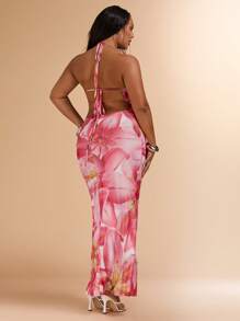 SHEIN BAE Plus Size Women Summer White Elegant Vacation Holiday Print Dress,Backless Draped Neck Sleeveless Boho Birthday Dresses,Vcay Holiday Outfits - Multicolor - View 2