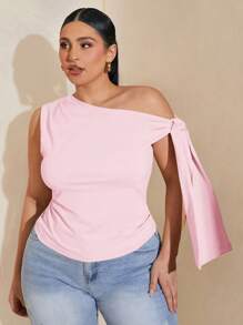 SHEIN BAE Plus Size Women Asymmetric Off-The-Shoulder Black Top, Suitable For Commute, Date, Afternoon Tea, Valentine's Day, Summer, Birthday, Formal, Party, With Flounce,Going Out Tops Women,Valentine's Day,Valentine Outfits For Women - Coral Pink - View 6