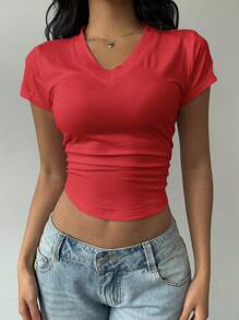 SHEIN BASICS Casual Solid Color V-Neck Short Sleeve Fitted Women T-Shirt