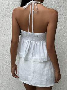 Sunnyshic Canotta elegante e chic da donna, con pizzo e allacciatura, top tipo babydoll sexy