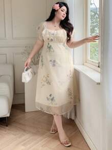 Dazy Plus Floral Print Contrast Mesh Ruffle Collar Vacation Style Dress - Apricot - View 3