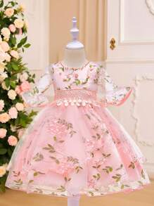 Young Girl' Lace Trim Ruffles Beaded Round Neck Short Sleeve Elegant Princess Style Embroidery Pink Puff Dress For Birthday, Wedding, School Activity, Party, Piano Recital - Pink - View 4