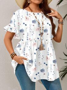 EMERY ROSE Plus Size Casual Resort Style Ruffled Sleeve Allover Print Blouse,Summer,Tropical Vacation Suitable For Going Out Chic Blouses For Women - White - View 4