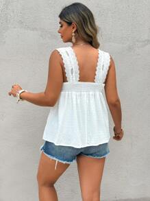 SHEIN Clasi Blusa de verano casual para mujer talla grande con cuello cuadrado, tirantes anchos, bordados y cortes láser - Blanco - Ver 2
