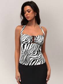 SHEIN Forever 21 Áo crop top hở lưng họa tiết ngựa vằn gợi cảm cho nữ - màu đen - Xem 5