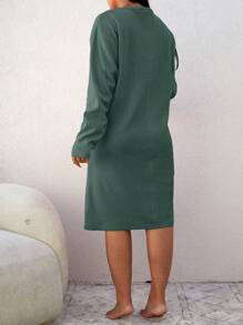 SHEIN Cottnline 100%Cotton Plus Letter Embroidery Half Button Nightdress - Mint Green - View 2