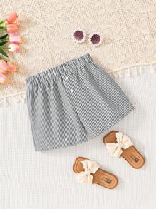 SHEIN Tween 女童梭织条纹印花纽扣装饰宽松休闲短裤，运动休闲