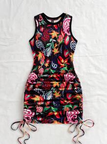 Soleia 女士夏季度假橙色撞色艺术涂鸦佩斯利印花针织褶皱下摆抽绳迷你连衣裙，适合音乐节、复活节、狂欢节、海滩、游轮、下午茶 - 彩色 - 查看 5