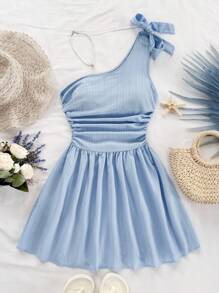 Soleia 女式夏季条纹荷叶边褶皱单肩迷你连衣裙