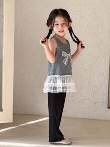 SHEIN Young Girl Casual Bowknot Ruffle Hem Sleeveless Round Neck Tank Top, Suitable For Summer - Grey - View 1