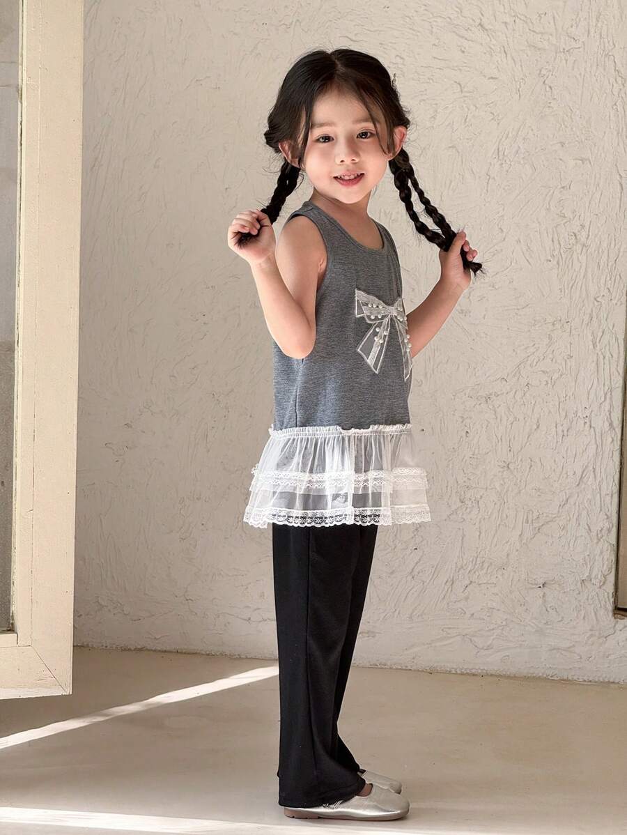 SHEIN Young Girl Casual Bowknot Ruffle Hem Sleeveless Round Neck Tank Top, Suitable For Summer - Grey - View 1