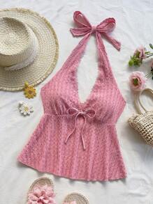 Soleia 女士度假针织条纹提花纹理交叉吊带系带 V 领束腰背心，适合派对、约会、情人节、下午茶、海滩、夏季 - 粉色 - 查看 4