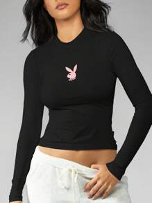 Missguided x Playboy Áo crop top bó tay dài có logo chú thỏ nhỏ Thể thao thường ngày Trang phục thể thao hiện đại Cơ bản Thiết yếu cho mùa thu đông - màu đen - Xem 6