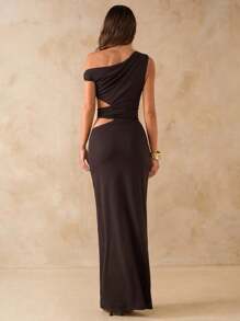 SHEIN BAE Women's Elegant Asymmetric Metal Embellished Maxi Dress,Suitable For Party Gatherings And Daily Commuting Wear, Vacation Outfits Woman,Summer Dress Vacation,Summer Dresses For Women,Tea Party Dress - Brown - View 2