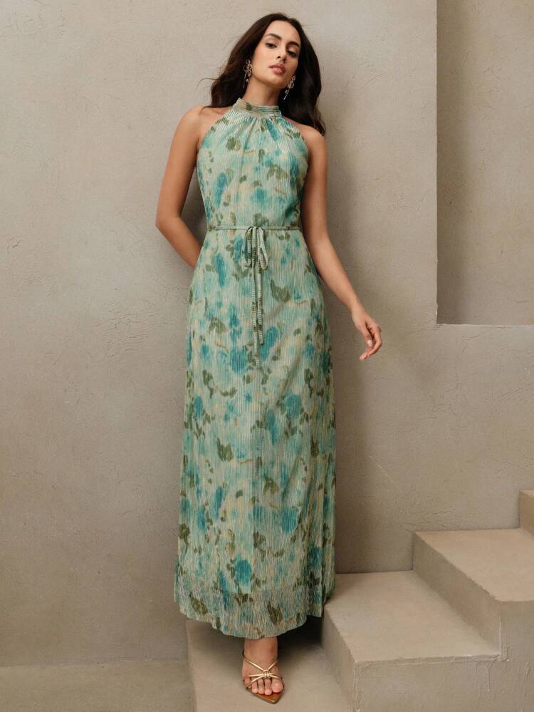 Women's Elegant Floral Print A-Line Dress, Waist Cinched, Halter Neck, Suitable For Spring/Summer, Weddings, Parties, Festivals, Graduations