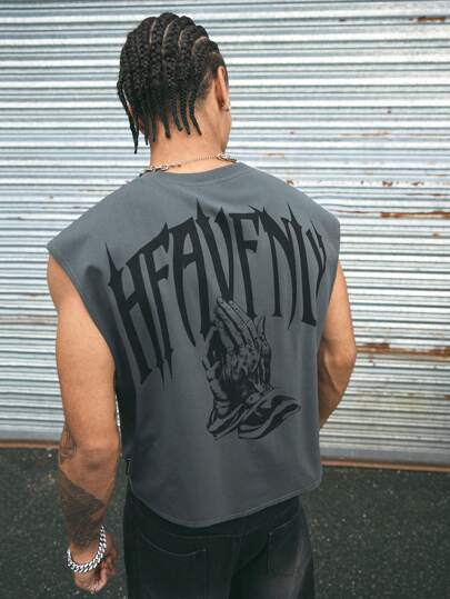 AXEPEAK 男士多尺码街头风格哥特字母图案印花圆领背心，街头风格，Emo