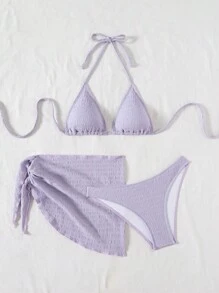 SHEIN Swim 3件套女士纹理比基尼泳装（含裙式泳裤） - 紫色 - 查看 5